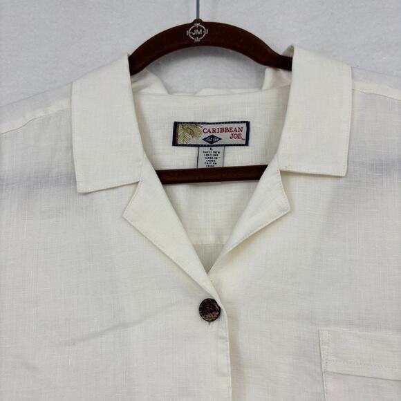 Caribbean Joe Blouse Top Womens Size L White Linen Button Up Short Sleeve - Picture 2 of 10
